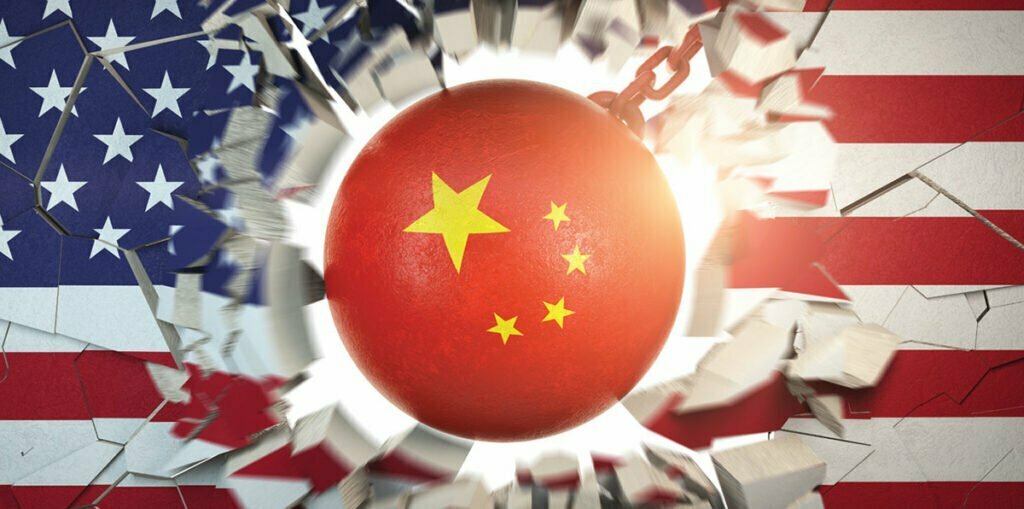 China Wrecking Ball Crashing Into American Flag